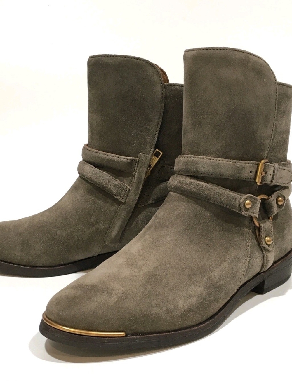 UGG Taupe Suede Ankle Boots with Gold Accent